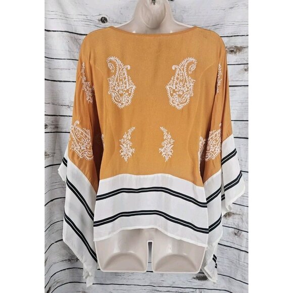 Anthropologie Floreat Sunglow Poncho Top M Embroidered Mustard Viscose Tassels - Picture 6 of 8